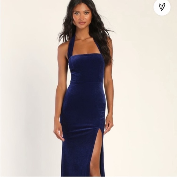 Lulu's Enchanting Touch Royal Blue Velour Velvet Halter Maxi Dress - Picture 1 of 15